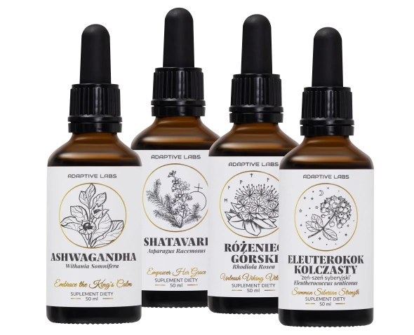 Produkty Adaptive Labs: ashwagandha, shatavari, różeniec górski i eleuterokok kolczasty