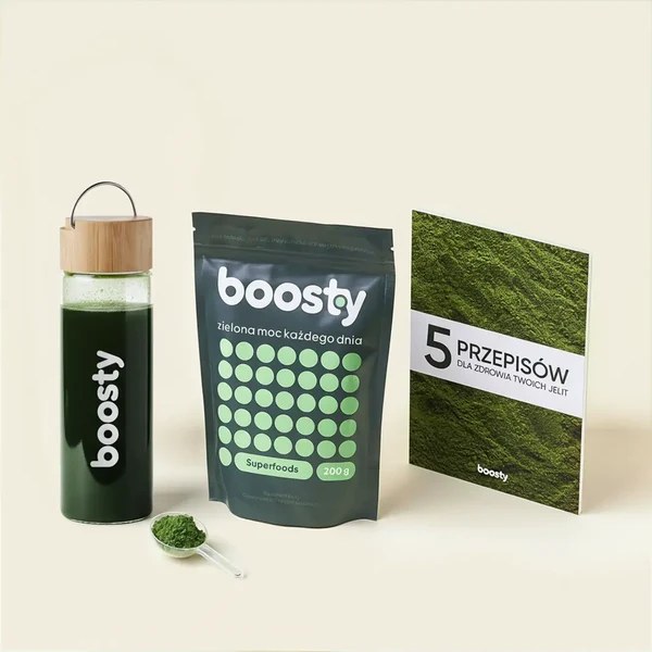 Opakowanie Boosty Superfoods, butelka i książeczka marki